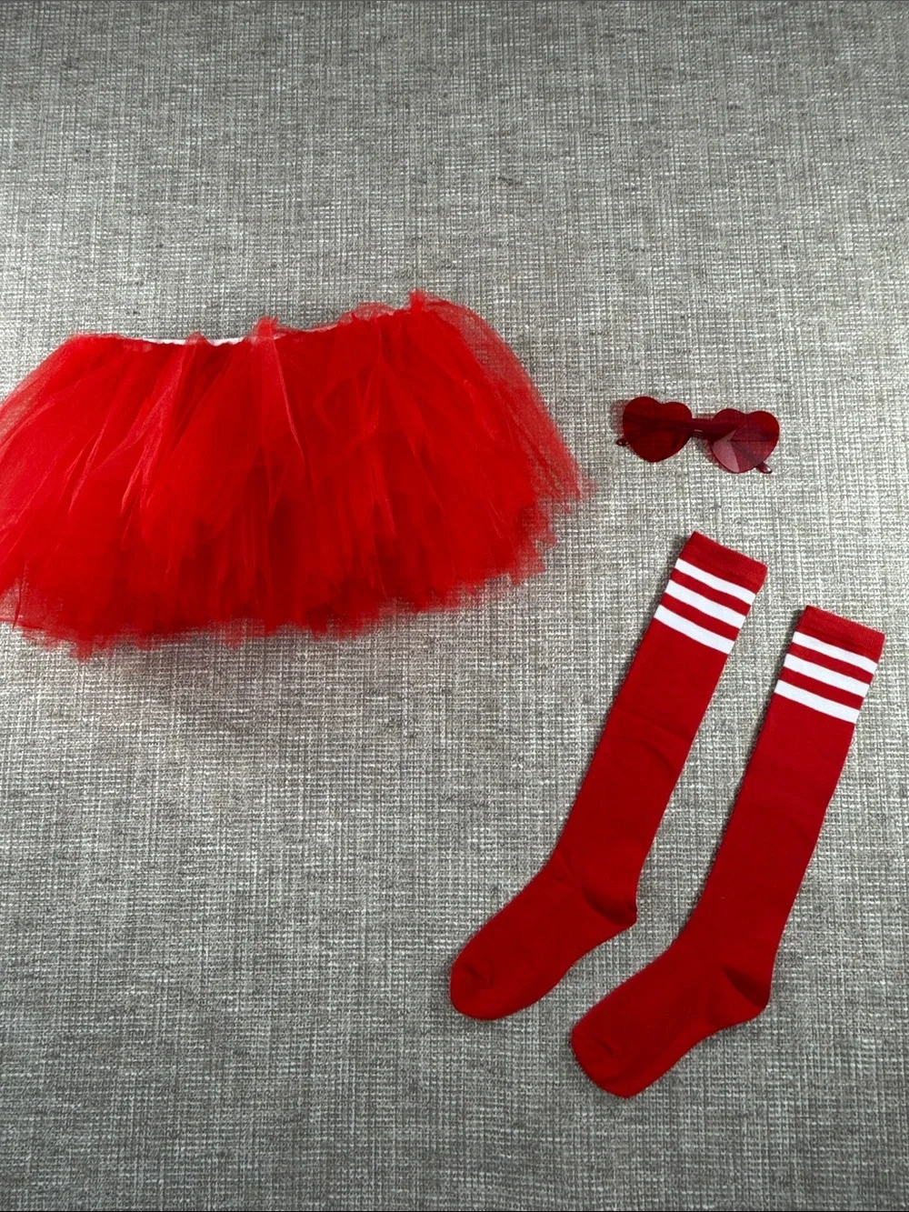 Red Tutu Skirt & Knee-High Socks Set with glasses woman’s small rave party